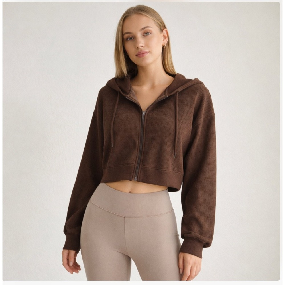 Halara Y2K Cropped Zip Hoodie‎ Brown Waffle Knit Athleisure Jacket Size XL